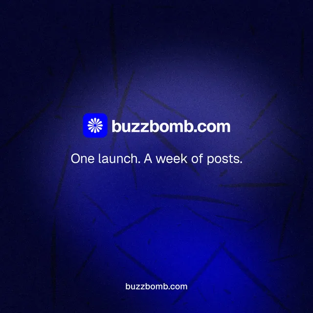 Instagram post for BuzzBomb: "One launch. A week of posts." Agentic glass style, end card layout, dark palette in black, blue.