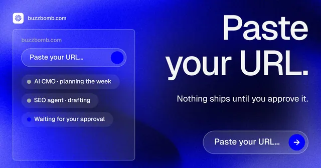 Social ad for BuzzBomb: "Paste your URL." Agentic glass style, right layout, dark palette in blue.
