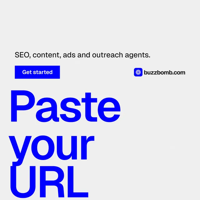 Instagram post for BuzzBomb: "Your AI marketing team." Swiss style, oversized layout, light palette in white, blue.