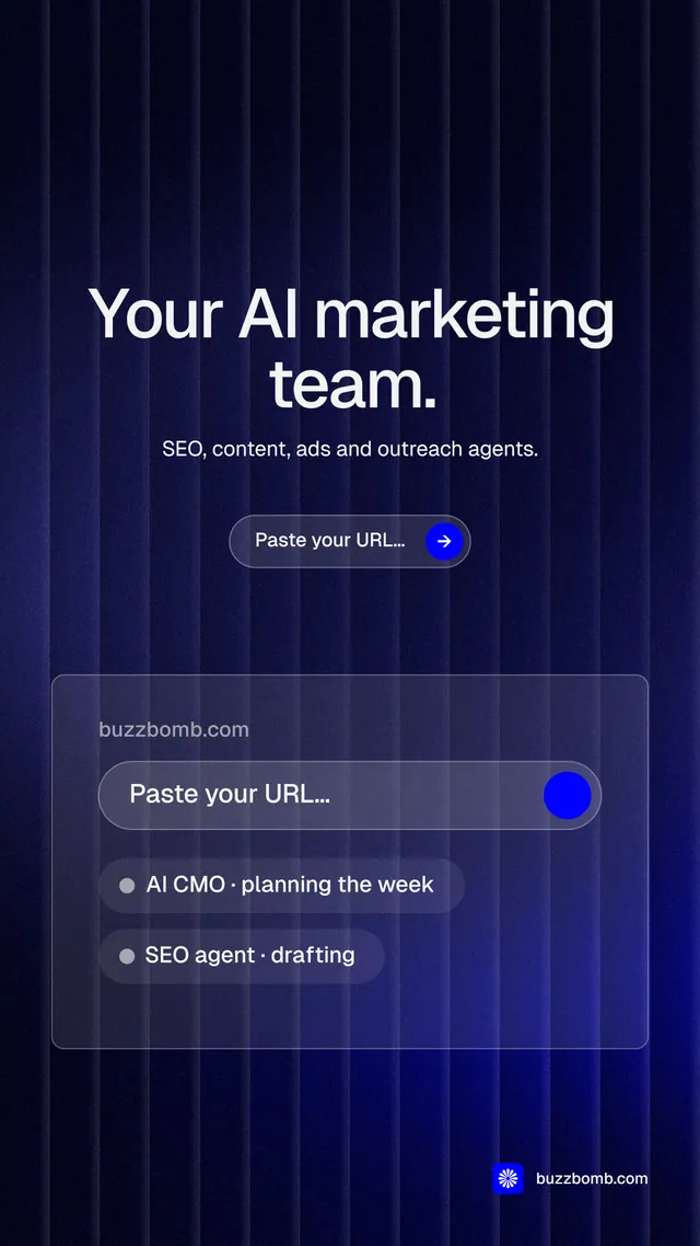 Instagram story for BuzzBomb: "Your AI marketing team." Agentic glass style, centred layout, dark palette in black, blue, grey.