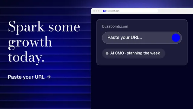Landscape graphic for BuzzBomb: "Spark some growth today." Minimal luxury style, browser layout, dark palette in black, blue, grey.
