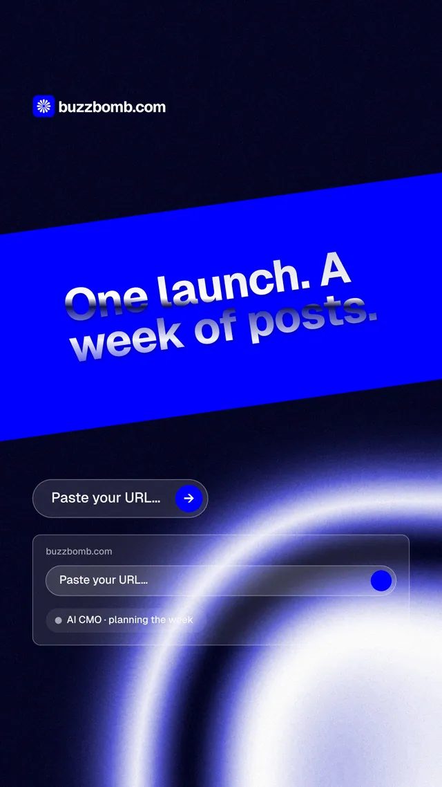 Instagram story for BuzzBomb: "One launch. A week of posts." Agentic glass style, diagonal layout, dark palette in black, blue.