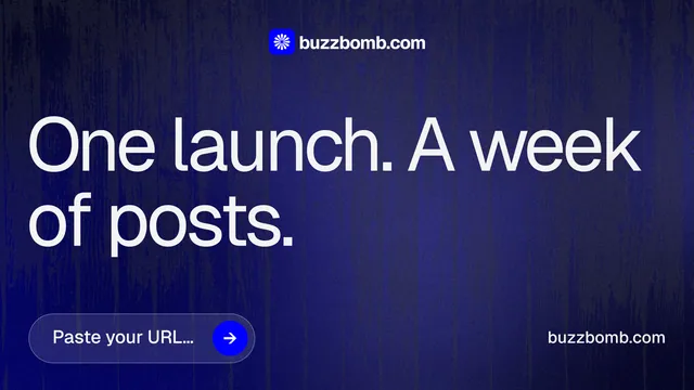 Landscape graphic for BuzzBomb: "One launch. A week of posts." Agentic glass style, poster layout, dark palette in blue, grey.