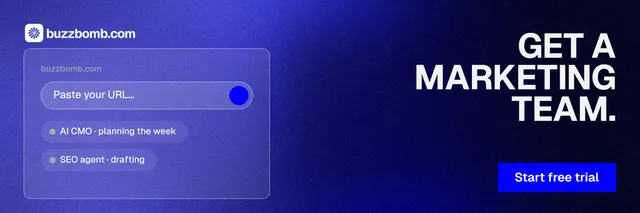 X header for BuzzBomb: "Get a marketing team." Swiss style, right layout, dark palette in blue, black.