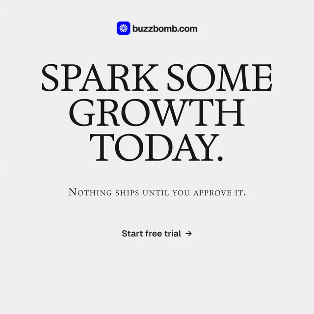 Instagram post for BuzzBomb: "Spark some growth today." Swiss style, smallcaps layout, light palette in white, grey.