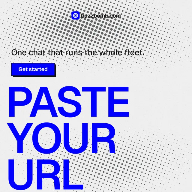 Instagram post for BuzzBomb: "Paste your URL." Brutalist style, oversized layout, light palette in white, blue.