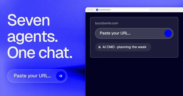 Social ad for BuzzBomb: "Seven agents. One chat." Agentic glass style, browser layout, dark palette in black, blue.