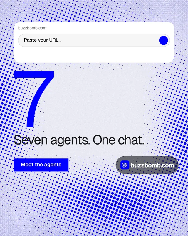 Instagram portrait post for BuzzBomb: "Paste your URL." Swiss style, stat layout, light palette in blue, white.