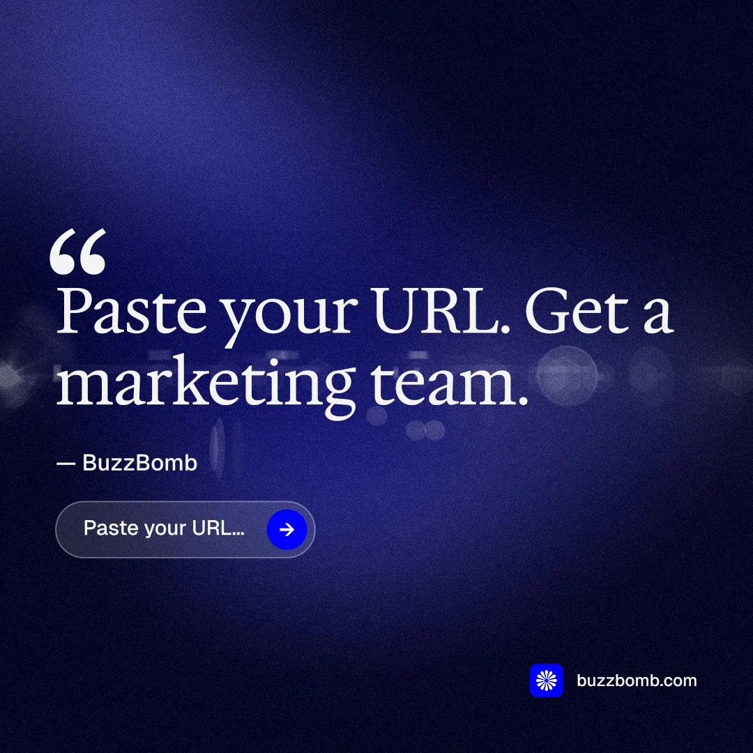 Instagram post for BuzzBomb: "Get a marketing team." Agentic glass style, quote layout, dark palette in black, blue.
