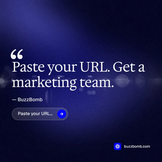 Instagram post for BuzzBomb: "Get a marketing team." Agentic glass style, quote layout, dark palette in black, blue.