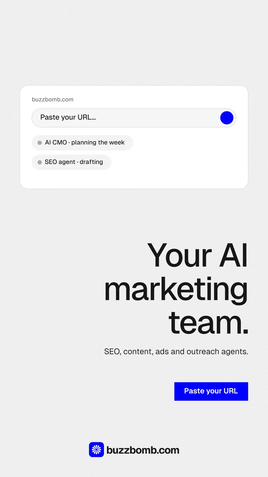 Instagram story for BuzzBomb: "Your AI marketing team." Swiss style, right layout, light palette in white, grey.