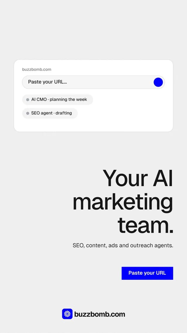 Instagram story for BuzzBomb: "Your AI marketing team." Swiss style, right layout, light palette in white, grey.