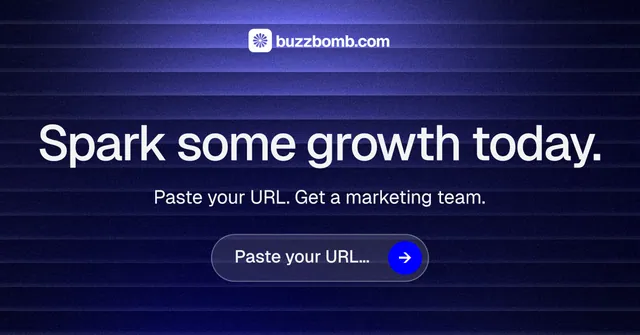 Social ad for BuzzBomb: "Spark some growth today." Agentic glass style, skeleton layout, dark palette in blue, black.