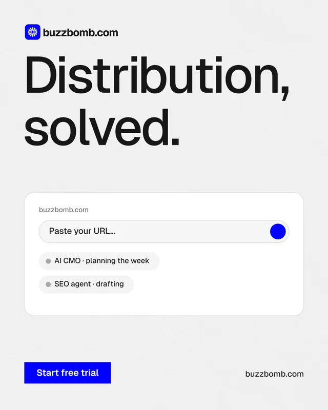 Instagram portrait post for BuzzBomb: "Distribution, solved." Swiss style, poster layout, light palette in white, grey.
