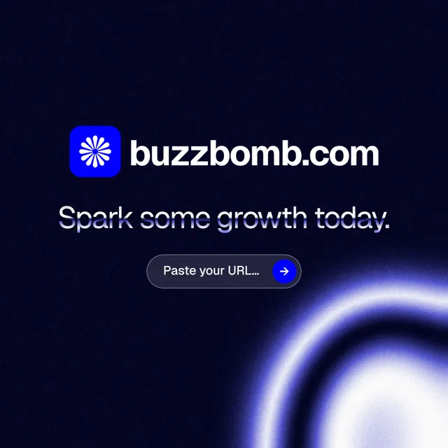 Instagram post for BuzzBomb: "Spark some growth today." Agentic glass style, logo hero layout, dark palette in black, blue.
