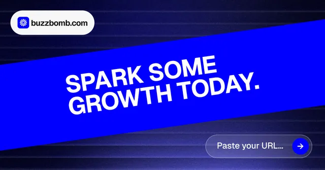 Social ad for BuzzBomb: "Spark some growth today." Agentic glass style, diagonal layout, dark palette in blue.