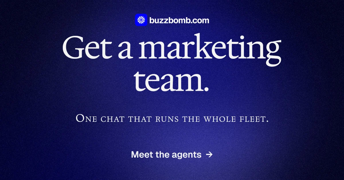 Social ad for BuzzBomb: "Get a marketing team." Agentic glass style, smallcaps layout, dark palette in black, blue.