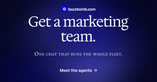 Social ad for BuzzBomb: "Get a marketing team." Agentic glass style, smallcaps layout, dark palette in black, blue.