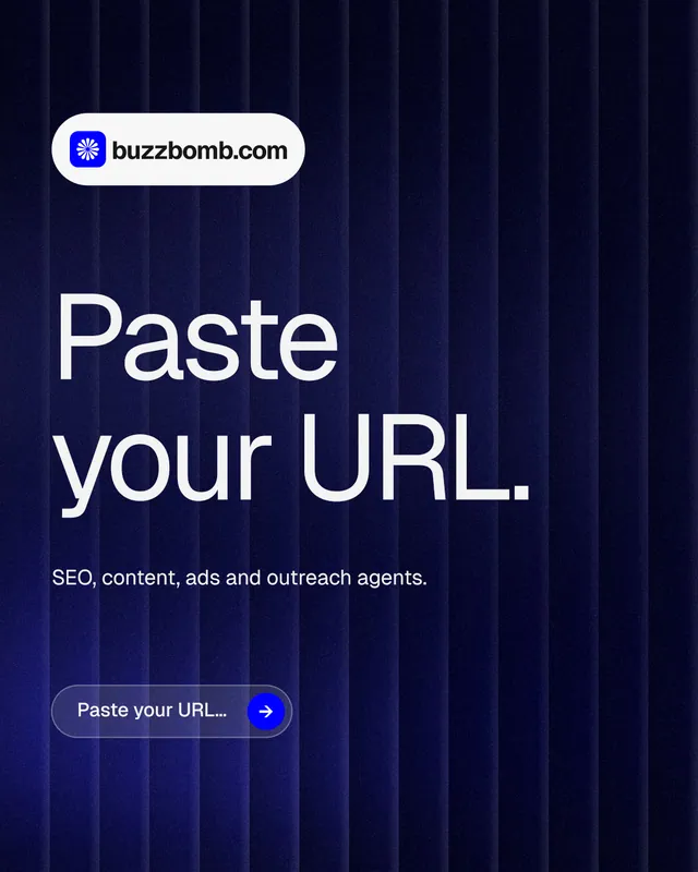 Instagram portrait post for BuzzBomb: "Paste your URL." Agentic glass style, announce layout, dark palette in black, blue, grey.