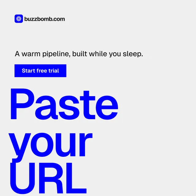 Instagram post for BuzzBomb: "Your AI marketing team." Swiss style, oversized layout, light palette in white, blue.