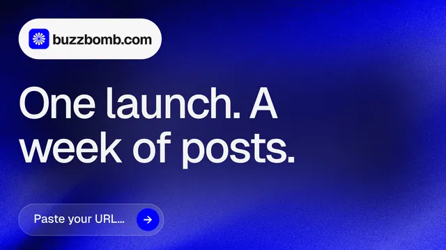 Landscape graphic for BuzzBomb: "One launch. A week of posts." Agentic glass style, announce layout, dark palette in blue, grey.