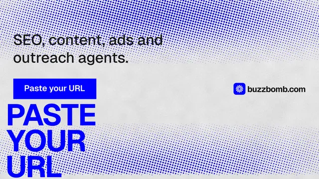 Landscape graphic for BuzzBomb: "Paste your URL." Swiss style, oversized layout, light palette in blue, white.