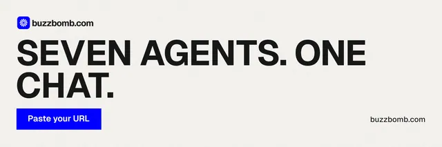 X header for BuzzBomb: "Seven agents. One chat." Swiss style, poster layout, light palette in white, grey.