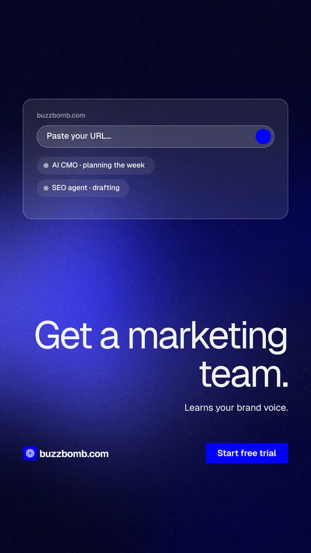 Instagram story for BuzzBomb: "Get a marketing team." Swiss style, right layout, dark palette in black, blue.