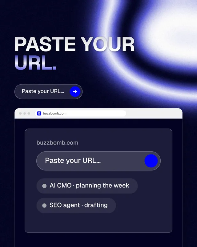 Instagram portrait post for BuzzBomb: "Paste your URL." Agentic glass style, browser layout, dark palette in blue, black.
