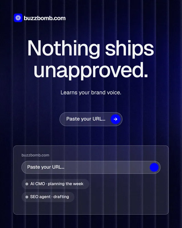 Instagram portrait post for BuzzBomb: "Nothing ships unapproved." Agentic glass style, centred layout, dark palette in blue, black, grey.