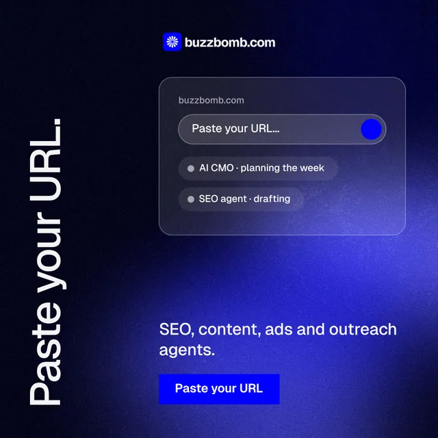 Instagram post for BuzzBomb: "Paste your URL." Swiss style, vertical layout, dark palette in black, blue.