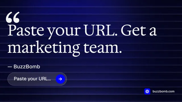 Landscape graphic for BuzzBomb: "Get a marketing team." Agentic glass style, quote layout, dark palette in black, blue, grey.