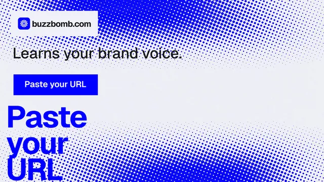 Landscape graphic for BuzzBomb: "Spark some growth today." Swiss style, oversized layout, light palette in white, blue.