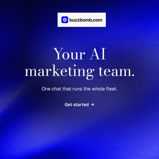 Instagram post for BuzzBomb: "Your AI marketing team." Minimal luxury style, centred layout, dark palette in blue.