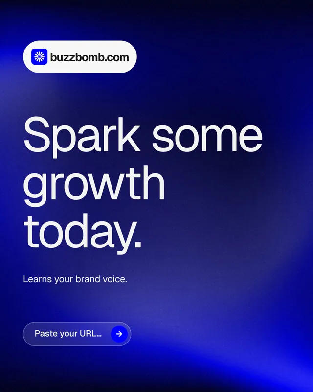 Instagram portrait post for BuzzBomb: "Spark some growth today." Agentic glass style, announce layout, dark palette in blue.