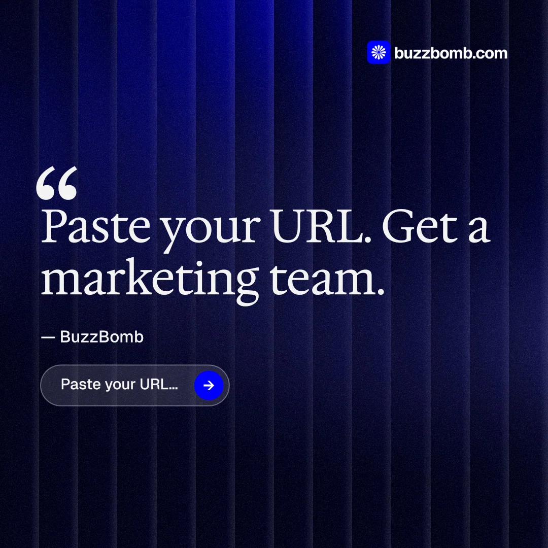Instagram post for BuzzBomb: "Get a marketing team." Agentic glass style, quote layout, dark palette in black, blue.