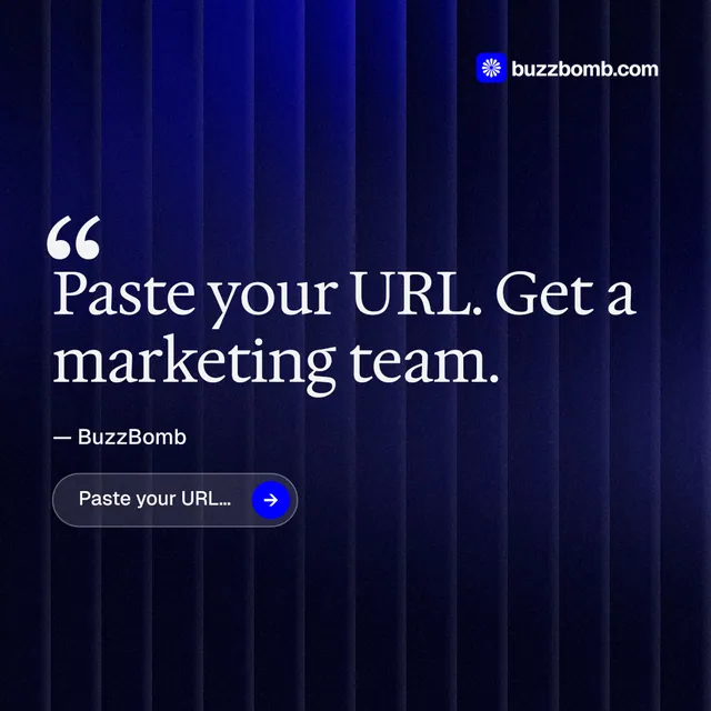Instagram post for BuzzBomb: "Get a marketing team." Agentic glass style, quote layout, dark palette in black, blue.