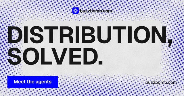 Social ad for BuzzBomb: "Distribution, solved." Swiss style, poster layout, light palette in blue, white.