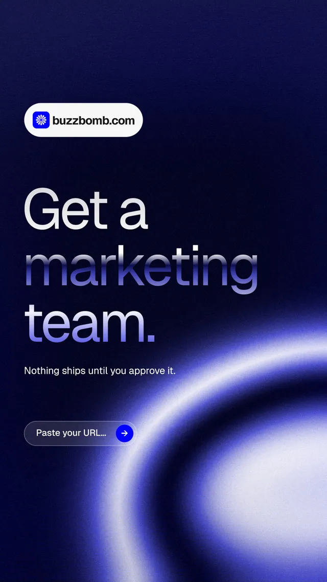 Instagram story for BuzzBomb: "Get a marketing team." Agentic glass style, announce layout, dark palette in blue, black.