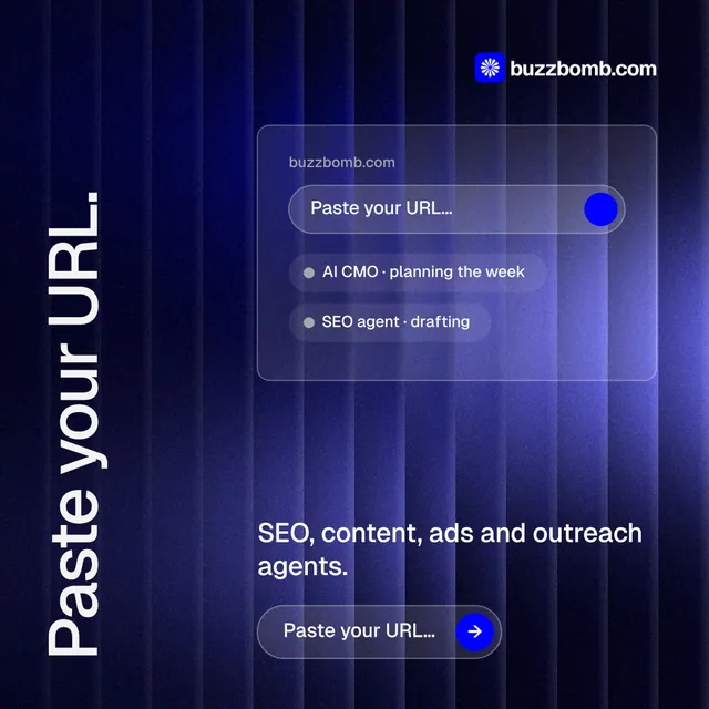Instagram post for BuzzBomb: "Paste your URL." Agentic glass style, vertical layout, dark palette in black, blue.