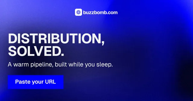 Social ad for BuzzBomb: "Distribution, solved." Swiss style, skeleton layout, dark palette in blue.