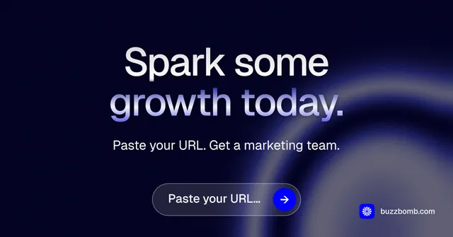 Social ad for BuzzBomb: "Spark some growth today." Agentic glass style, centred layout, dark palette in black, grey, blue.