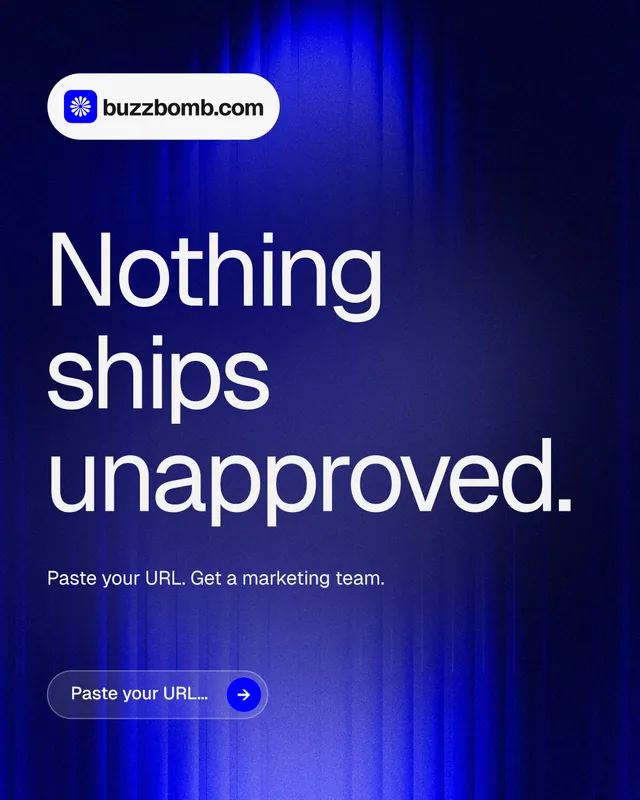 Instagram portrait post for BuzzBomb: "Nothing ships unapproved." Agentic glass style, announce layout, dark palette in black, blue.