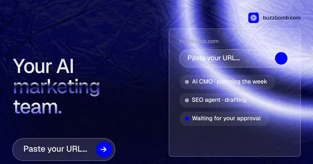 Social ad for BuzzBomb: "Your AI marketing team." Agentic glass style, bottom layout, dark palette in blue, black.