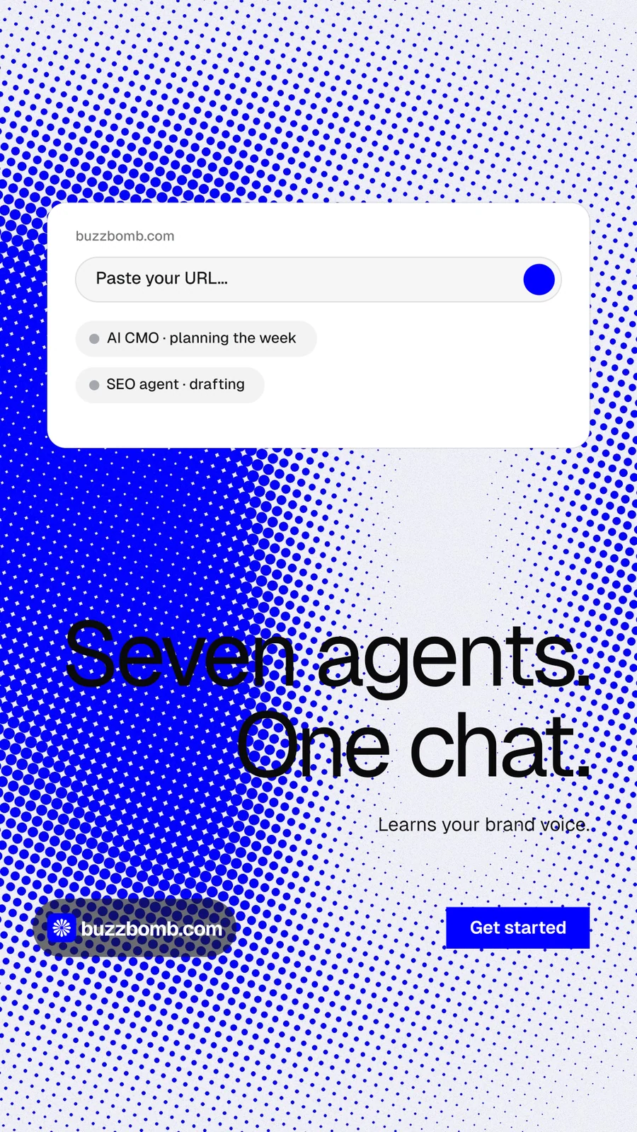 Instagram story for BuzzBomb: "Seven agents. One chat." Swiss style, right layout, light palette in blue, white.