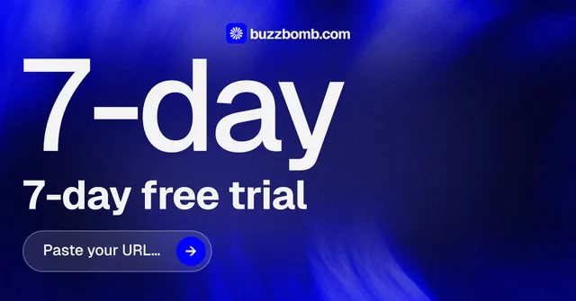 Social ad for BuzzBomb: "Get a marketing team." Agentic glass style, stat layout, dark palette in blue.