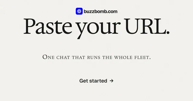 Social ad for BuzzBomb: "Paste your URL." Swiss style, smallcaps layout, light palette in white, grey.