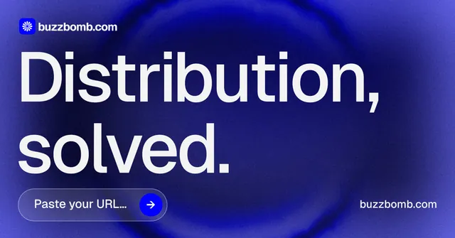 Social ad for BuzzBomb: "Distribution, solved." Agentic glass style, poster layout, dark palette in blue.