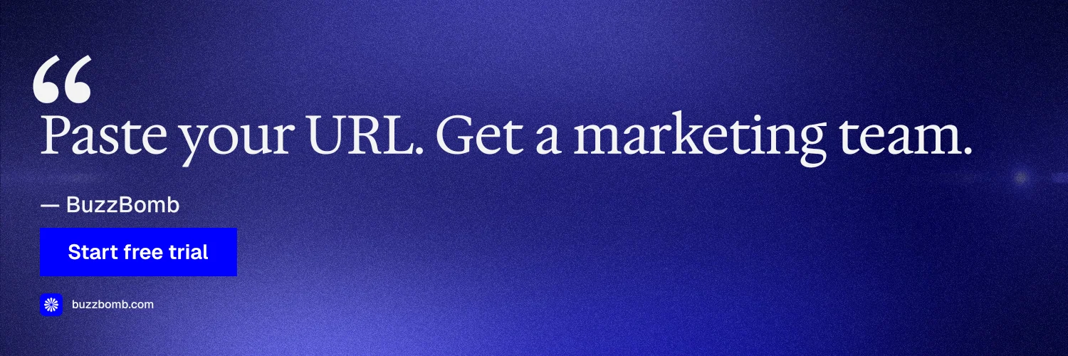 X header for BuzzBomb: "Your AI marketing team." Swiss style, quote layout, dark palette in blue.