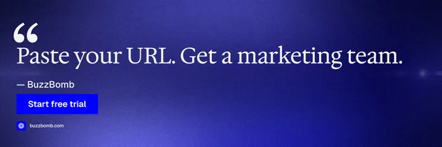 X header for BuzzBomb: "Your AI marketing team." Swiss style, quote layout, dark palette in blue.